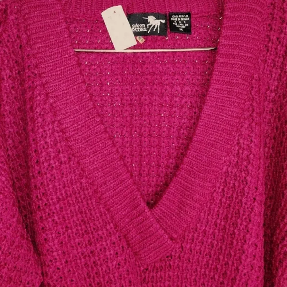Silver Unicorn Vintage Magenta Pink Waffle Knit V-Neck Sweater Womens Medium NWT - Picture 5 of 8